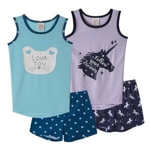 2 MyFav Pajama Set Girl SZ 11-12Y Sleeveless Shorts Heart Unicorn Blue Purple S4